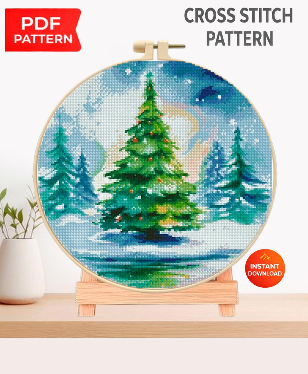 Christmas Tree Cross Stitch Pattern PDF, Winter Landscape Embroidery Design, Holiday Tree Needlework Chart, Festive Christmas Decor pattern - NuttyHappyHobby