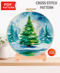 Christmas Tree Cross Stitch Pattern PDF, Winter Landscape Embroidery Design, Holiday Tree Needlework Chart, Festive Christmas Decor pattern - NuttyHappyHobby