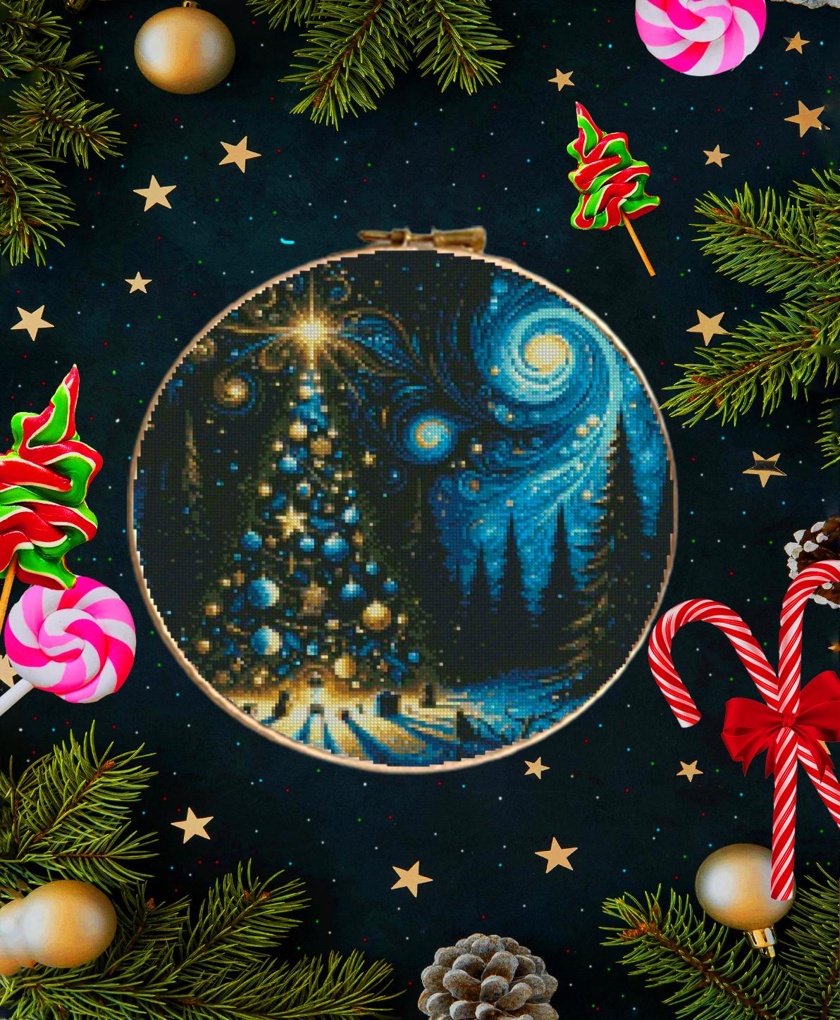 Christmas Tree Cross Stitch Pattern PDF, Winter Night Tree Embroidery Design, Festive Holiday Needlework Chart, Christmas Decor embroidery - NuttyHappyHobby
