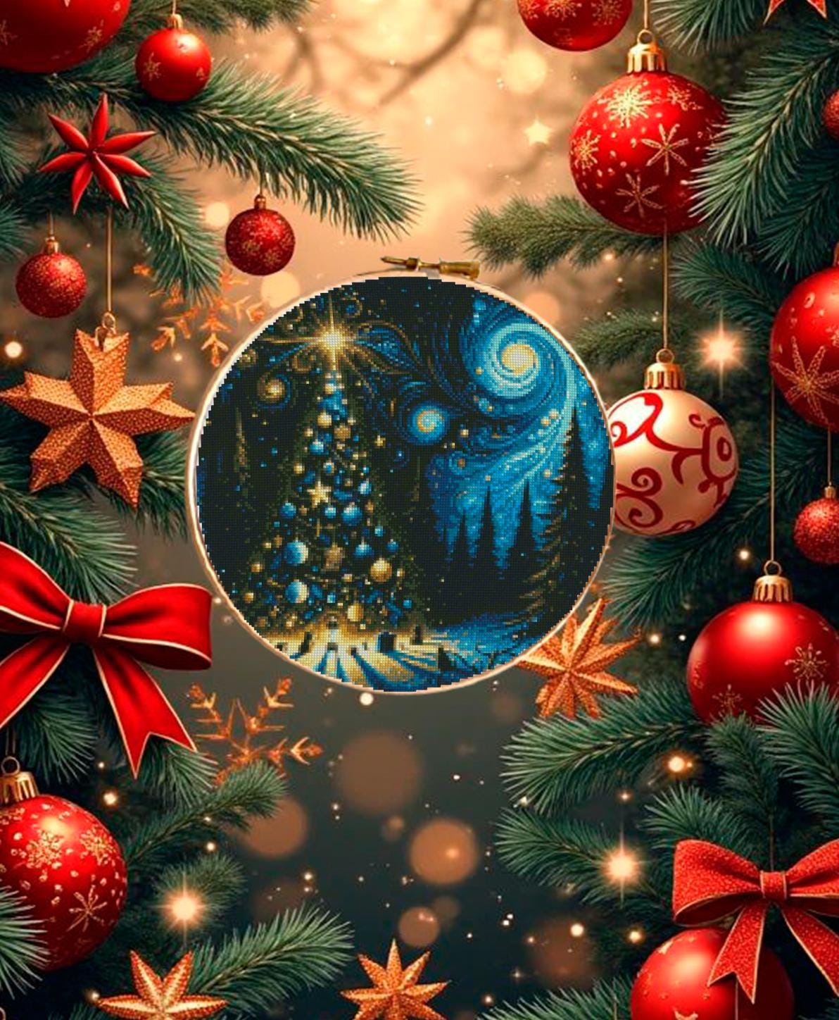 Christmas Tree Cross Stitch Pattern PDF, Winter Night Tree Embroidery Design, Festive Holiday Needlework Chart, Christmas Decor embroidery - NuttyHappyHobby