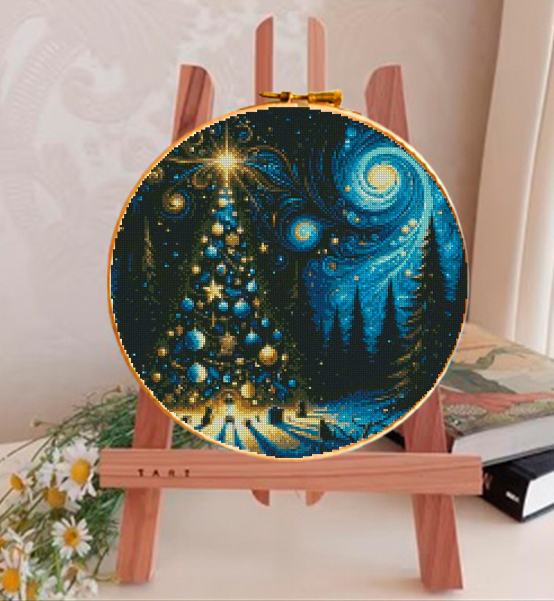 Christmas Tree Cross Stitch Pattern PDF, Winter Night Tree Embroidery Design, Festive Holiday Needlework Chart, Christmas Decor embroidery - NuttyHappyHobby