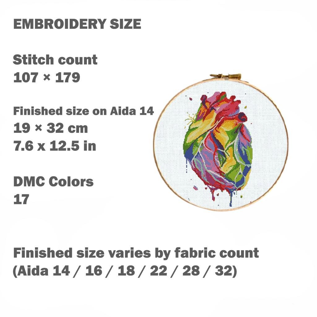 Colorful Anatomical Heart Cross Stitch Pattern PDF, Modern Rainbow Heart Embroidery Chart, Medical Art Needlepoint, Instant Download - NuttyHappyHobby