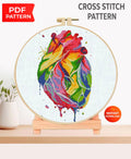 Colorful Anatomical Heart Cross Stitch Pattern PDF, Modern Rainbow Heart Embroidery Chart, Medical Art Needlepoint, Instant Download - NuttyHappyHobby