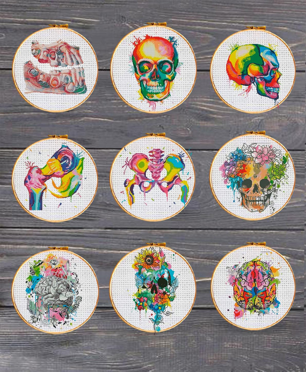 Colorful Anatomy Cross Stitch Patterns Bundle PDF | 34 Designs Lifetime Pack | Skeleton Skull Heart Brain Art | Instant Download Charts - NuttyHappyHobby