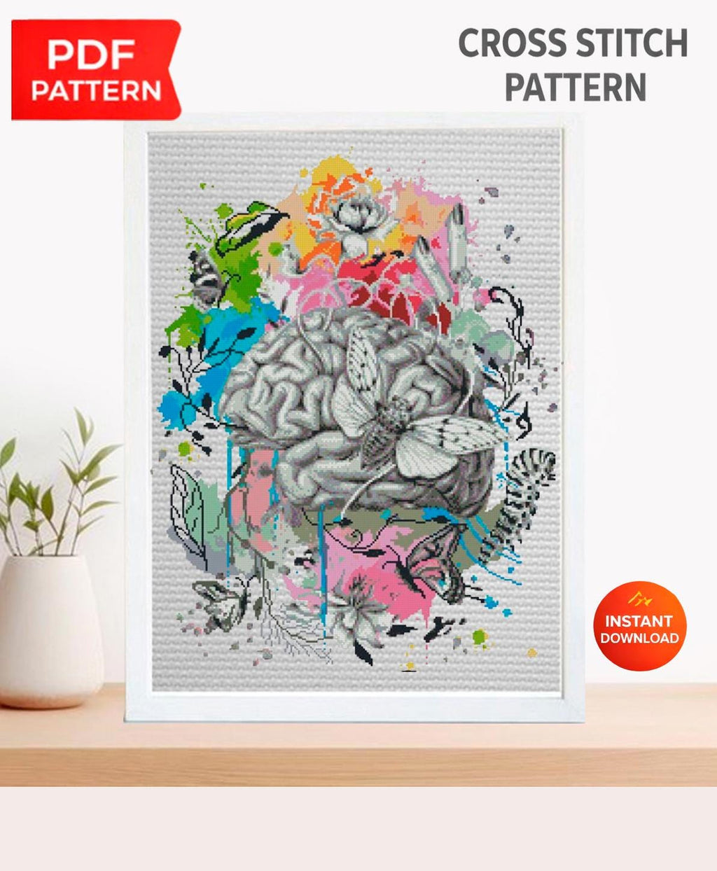 Colorful Brain Anatomy Cross Stitch Pattern PDF, Neuroscience Embroidery Design, Psychology Gift, Medical Wall Art Download - NuttyHappyHobby