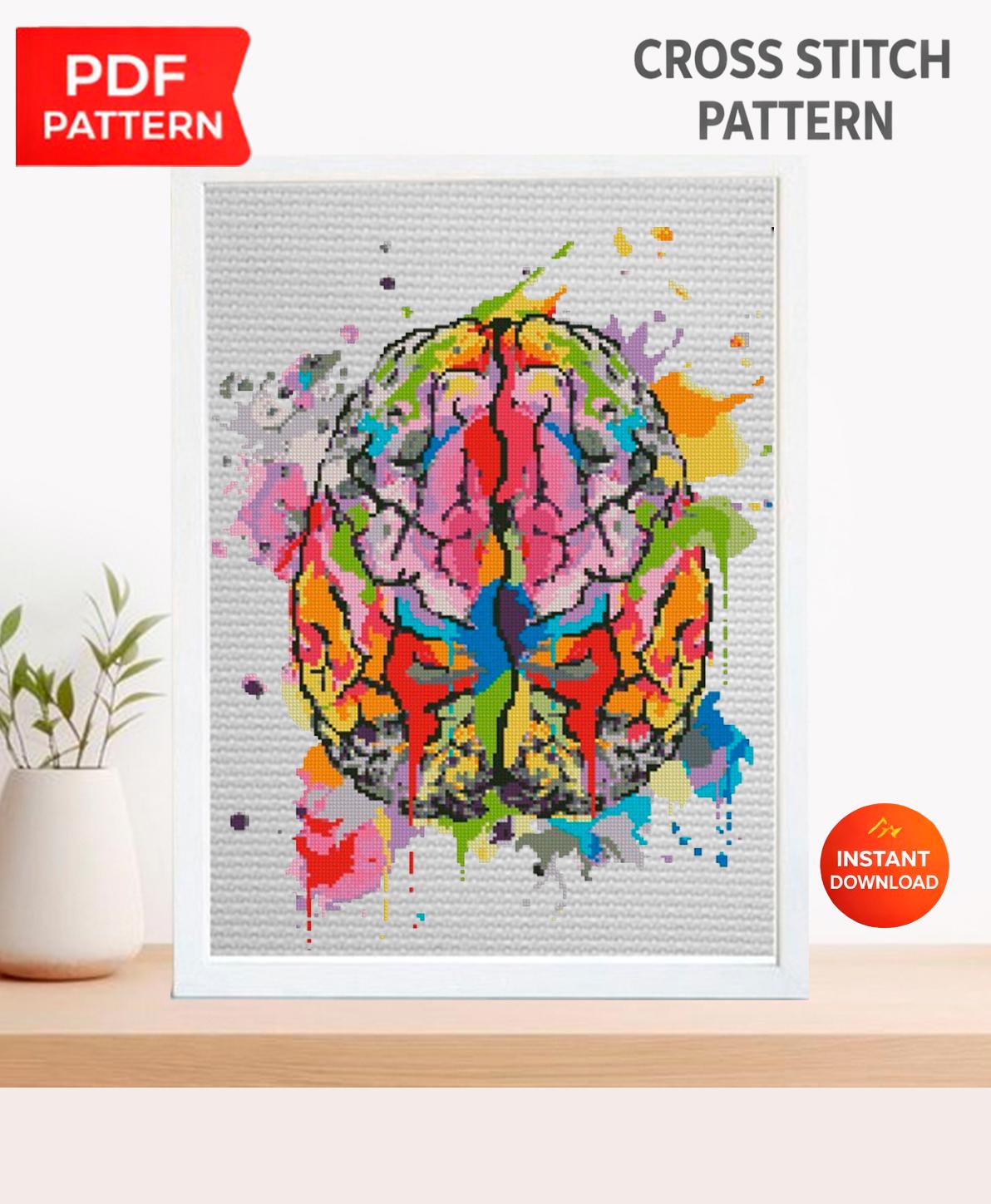 Colorful Brain Cross Stitch Pattern PDF, Human Anatomy Embroidery Design, Neuroscience Wall Art, Medical Decor Download, Pattern Keeper - NuttyHappyHobby