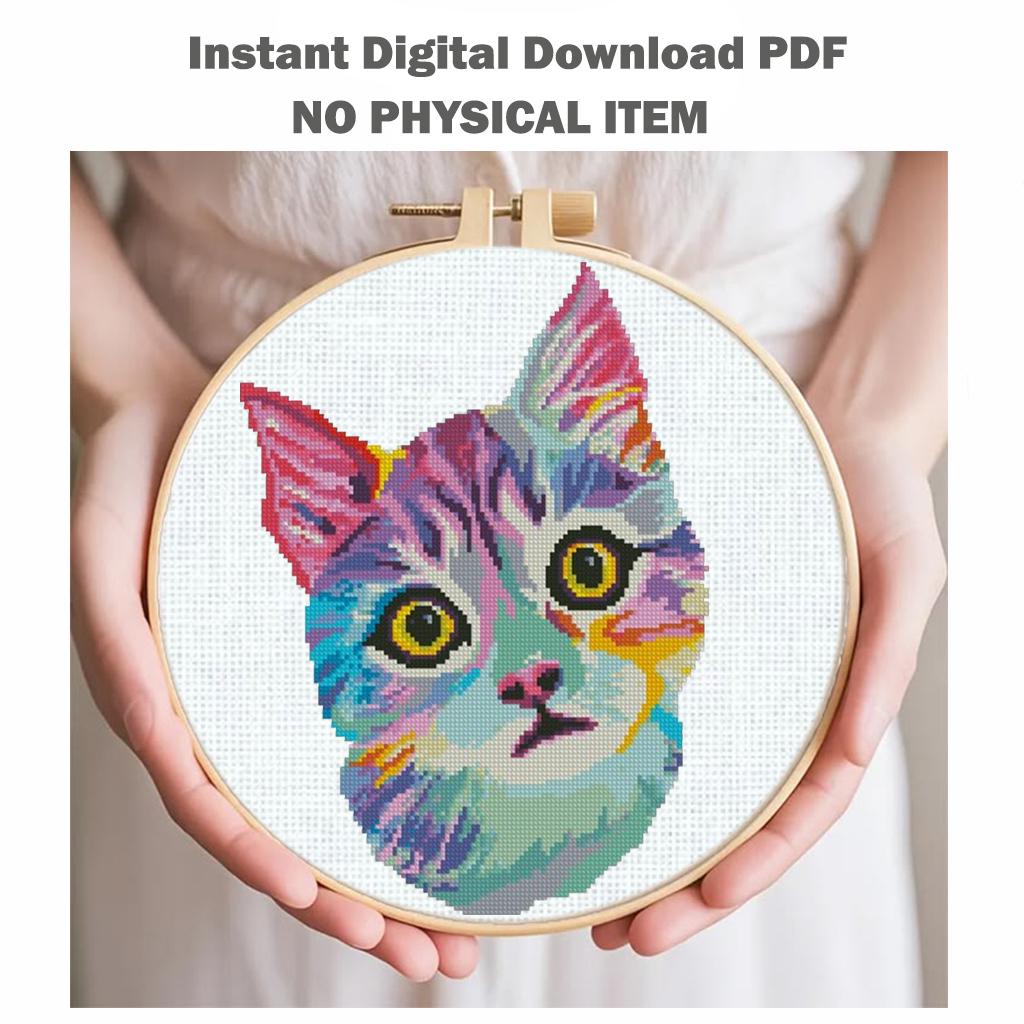 Colorful Cat Cross Stitch Pattern PDF Cute Kitten Embroidery Rainbow Animal Modern Wall Decor Home Decor Instant Download Gift Idea - NuttyHappyHobby