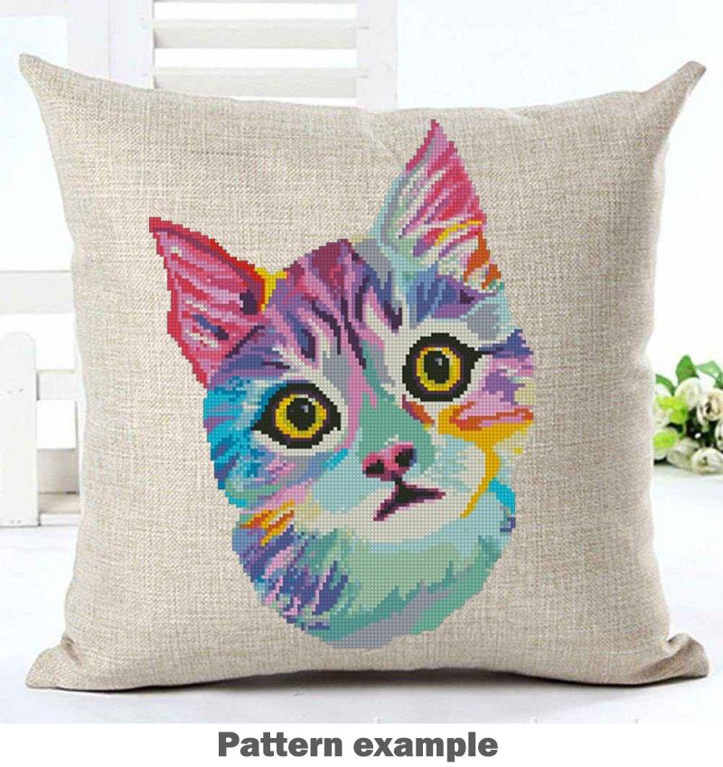 Colorful Cat Cross Stitch Pattern PDF Cute Kitten Embroidery Rainbow Animal Modern Wall Decor Home Decor Instant Download Gift Idea - NuttyHappyHobby