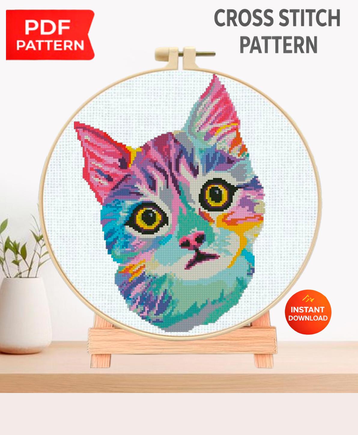 Colorful Cat Cross Stitch Pattern PDF Cute Kitten Embroidery Rainbow Animal Modern Wall Decor Home Decor Instant Download Gift Idea - NuttyHappyHobby