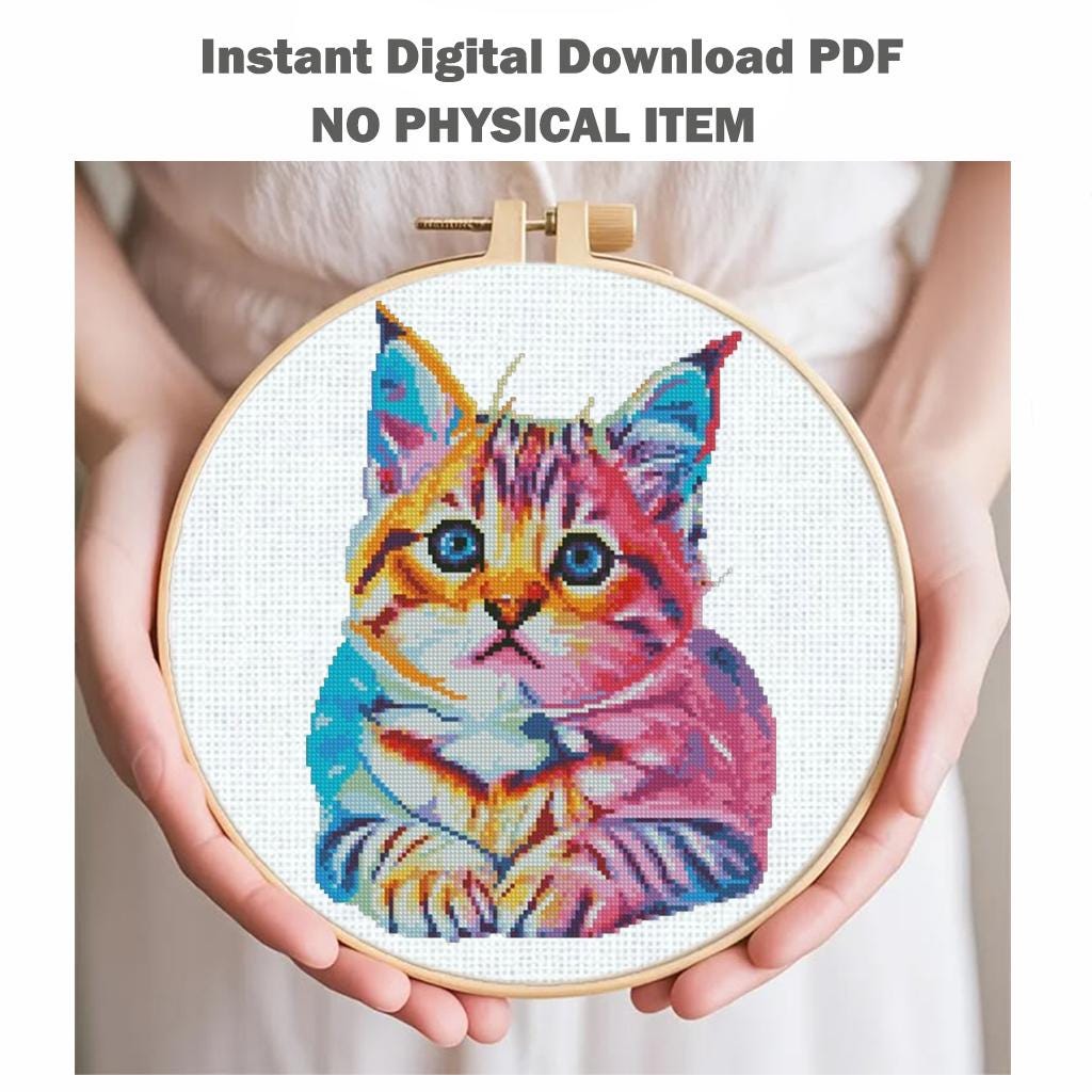 Colorful Cat Cross Stitch Pattern PDF Cute Kitten Embroidery Rainbow Pop Art Animal Modern Wall Decor Home Decor Instant Download Gift Idea - NuttyHappyHobby