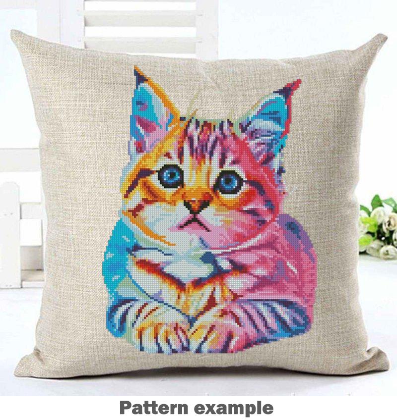 Colorful Cat Cross Stitch Pattern PDF Cute Kitten Embroidery Rainbow Pop Art Animal Modern Wall Decor Home Decor Instant Download Gift Idea - NuttyHappyHobby