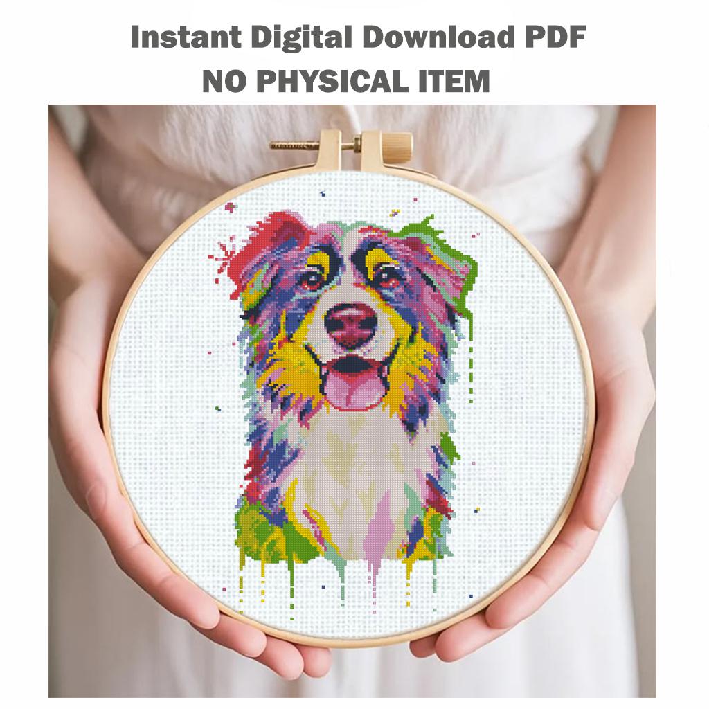 Colorful Dog Cross Stitch Pattern Set of 5, Modern Rainbow Dog Portraits, Premium Embroidery Bundle, Pitbull Golden Retriever Boxer Aussie - NuttyHappyHobby
