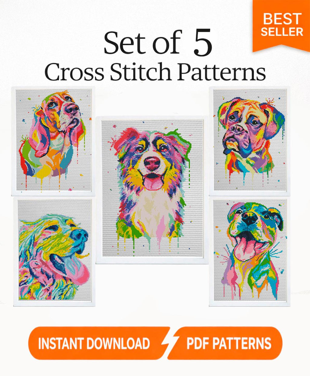 Colorful Dog Cross Stitch Pattern Set of 5, Modern Rainbow Dog Portraits, Premium Embroidery Bundle, Pitbull Golden Retriever Boxer Aussie - NuttyHappyHobby