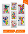 Colorful Dog Cross Stitch Patterns Set of 7, Modern Rainbow Dog Portrait PDF, Pitbull Boxer Basset Aussie Samoyed Greyhound Pattern Bundle - NuttyHappyHobby