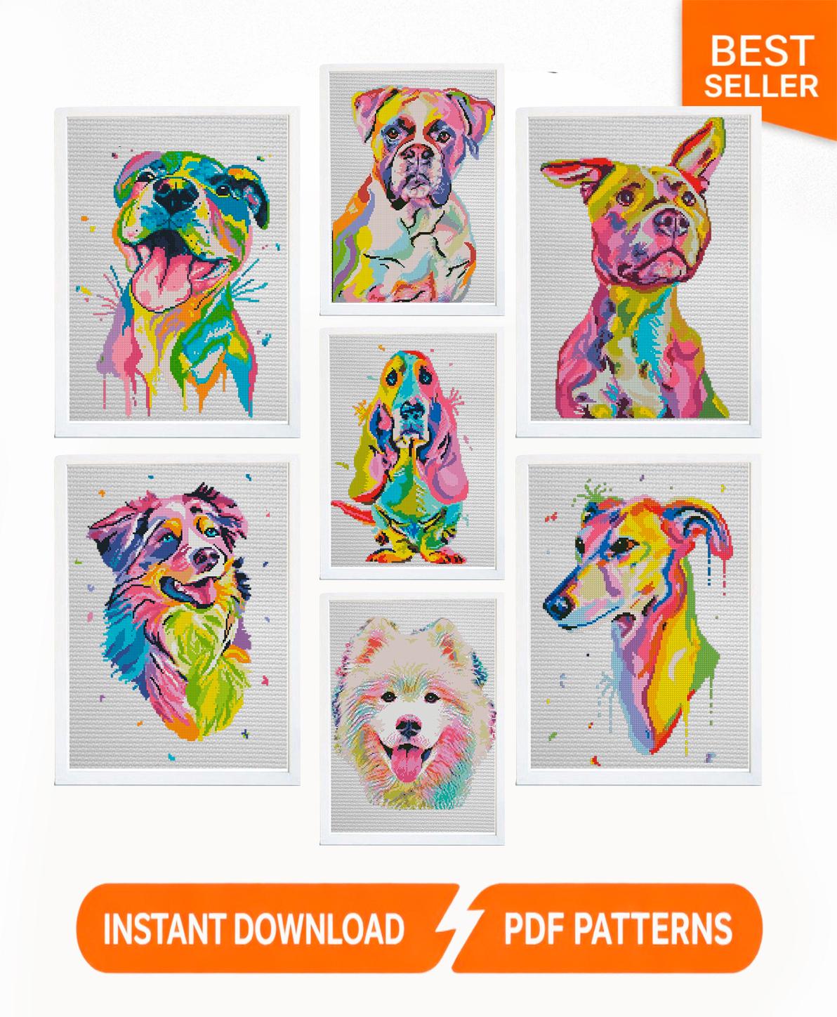 Colorful Dog Cross Stitch Patterns Set of 7, Modern Rainbow Dog Portrait PDF, Pitbull Boxer Basset Aussie Samoyed Greyhound Pattern Bundle - NuttyHappyHobby