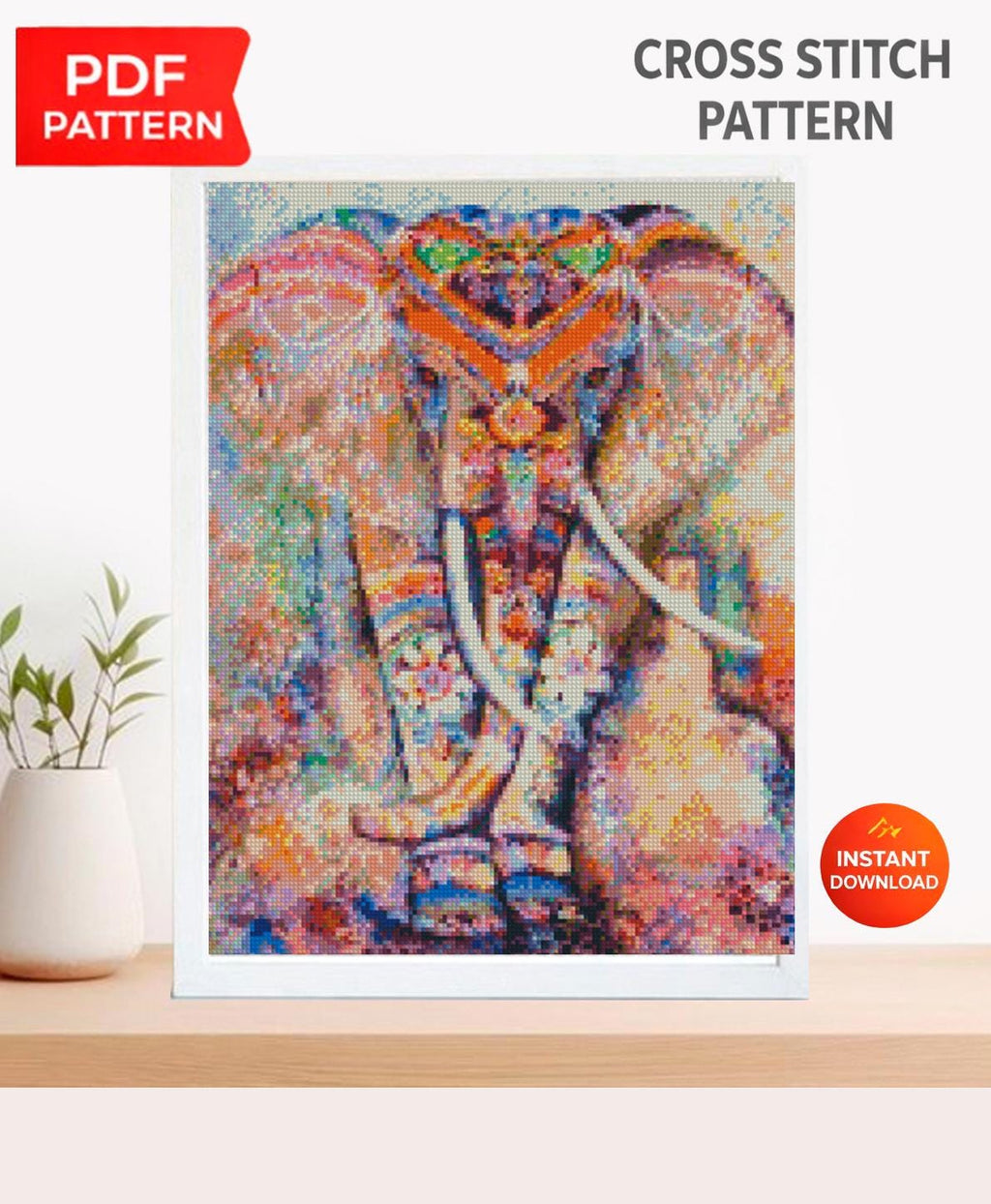 Colorful Elephant Cross Stitch Pattern PDF, Artistic Boho Animal Embroidery Design, Mandala Style Wildlife Wall Art, Instant Download Chart - NuttyHappyHobby