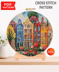 Colorful Houses Cross Stitch Pattern PDF, European City Street Embroidery Design, Town Landscape Cross Stitch Digital Download pdf - NuttyHappyHobby