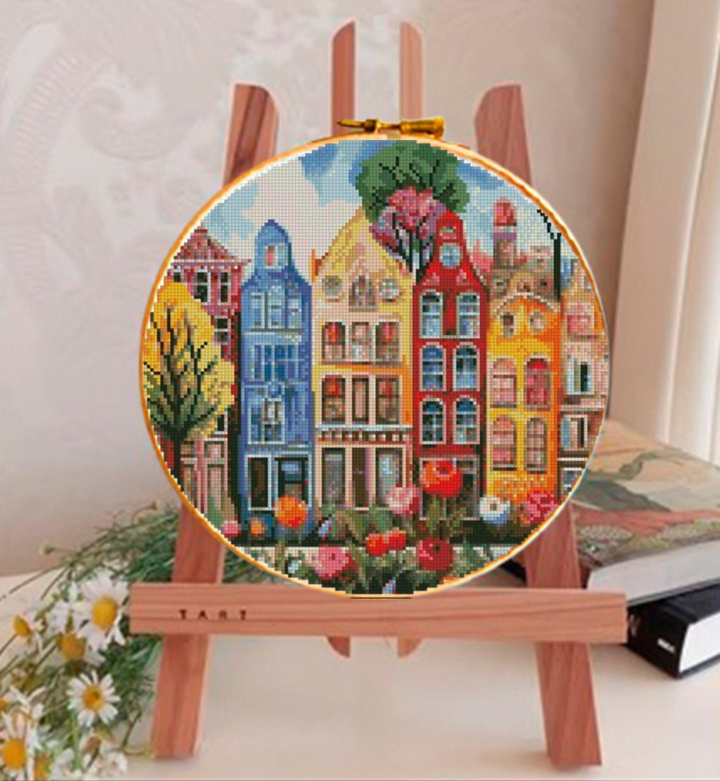 Colorful Houses Cross Stitch Pattern PDF, European City Street Embroidery Design, Town Landscape Cross Stitch Digital Download pdf - NuttyHappyHobby