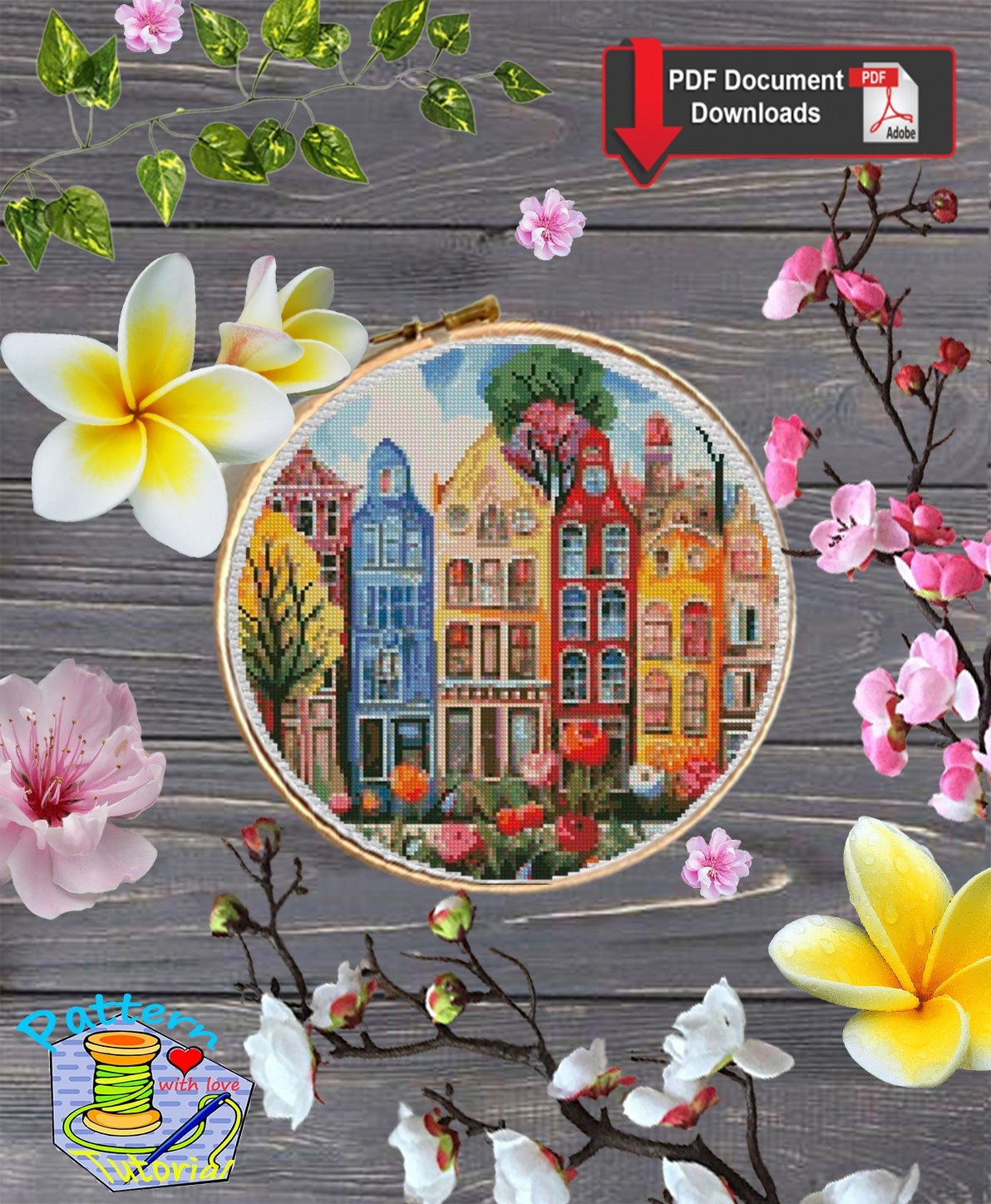 Colorful Houses Cross Stitch Pattern PDF, European City Street Embroidery Design, Town Landscape Cross Stitch Digital Download pdf - NuttyHappyHobby