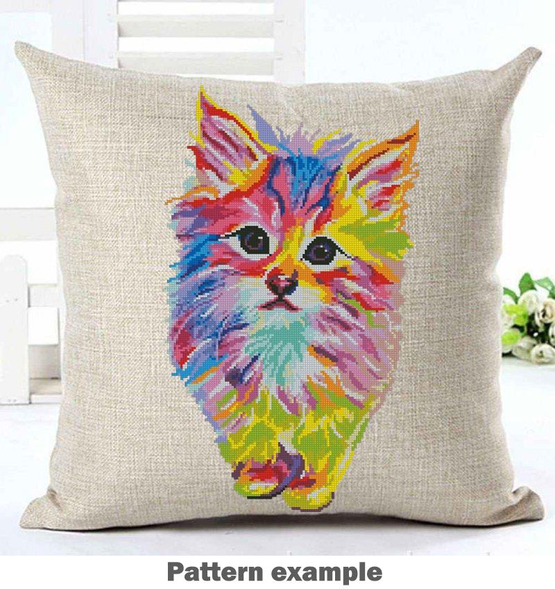 Colorful Kitten Cross Stitch Pattern PDF Fluffy Cat Embroidery Rainbow Cute Animal Modern Wall Decor Home Decor Instant Download Gift Idea - NuttyHappyHobby