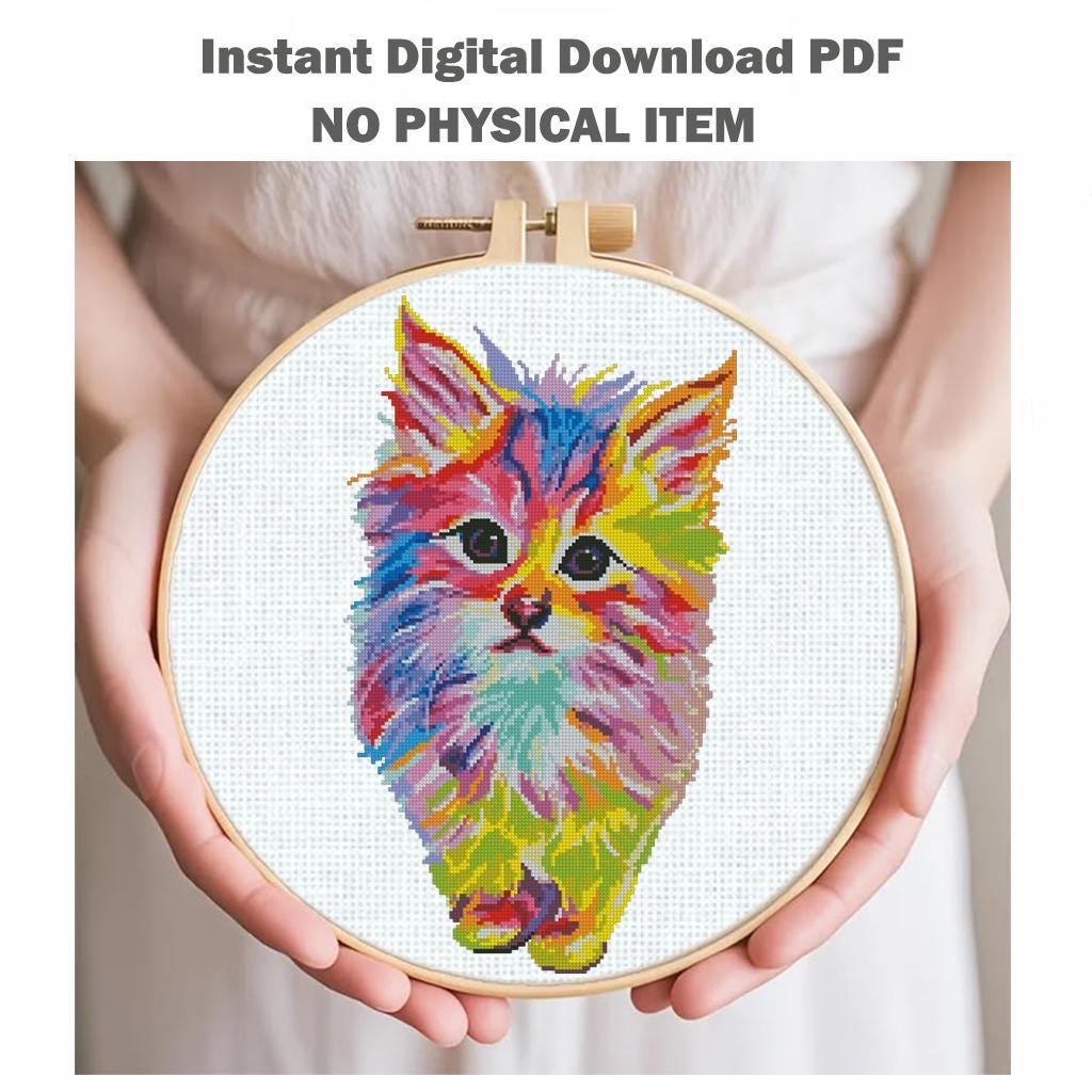 Colorful Kitten Cross Stitch Pattern PDF Fluffy Cat Embroidery Rainbow Cute Animal Modern Wall Decor Home Decor Instant Download Gift Idea - NuttyHappyHobby