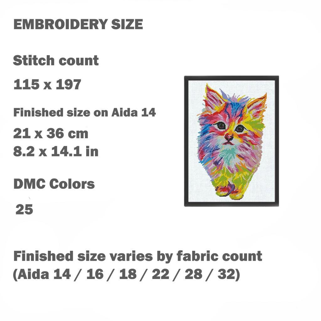 Colorful Kitten Cross Stitch Pattern PDF Fluffy Cat Embroidery Rainbow Cute Animal Modern Wall Decor Home Decor Instant Download Gift Idea - NuttyHappyHobby