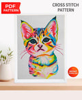 Colorful Kitten Cross Stitch Pattern PDF, Modern Cat Embroidery Design, Rainbow Kitty Counted Cross Stitch, Instant Download Gift - NuttyHappyHobby