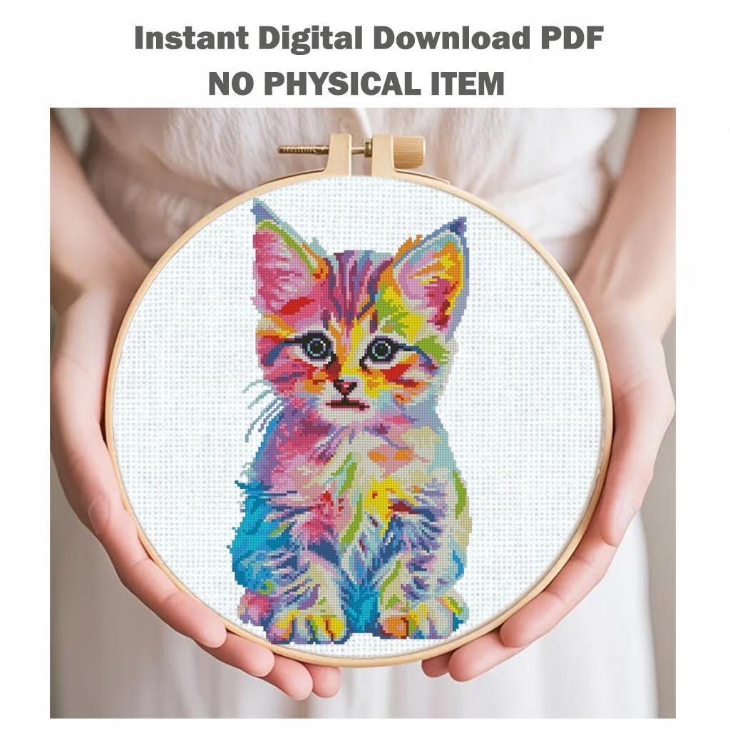 Colorful Kitten Cross Stitch Pattern PDF Rainbow Cat Embroidery Cute Animal Modern Wall Decor Instant Download Gift - NuttyHappyHobby