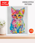 Colorful Kitten Cross Stitch Pattern PDF Rainbow Cat Embroidery Cute Animal Modern Wall Decor Instant Download Gift - NuttyHappyHobby