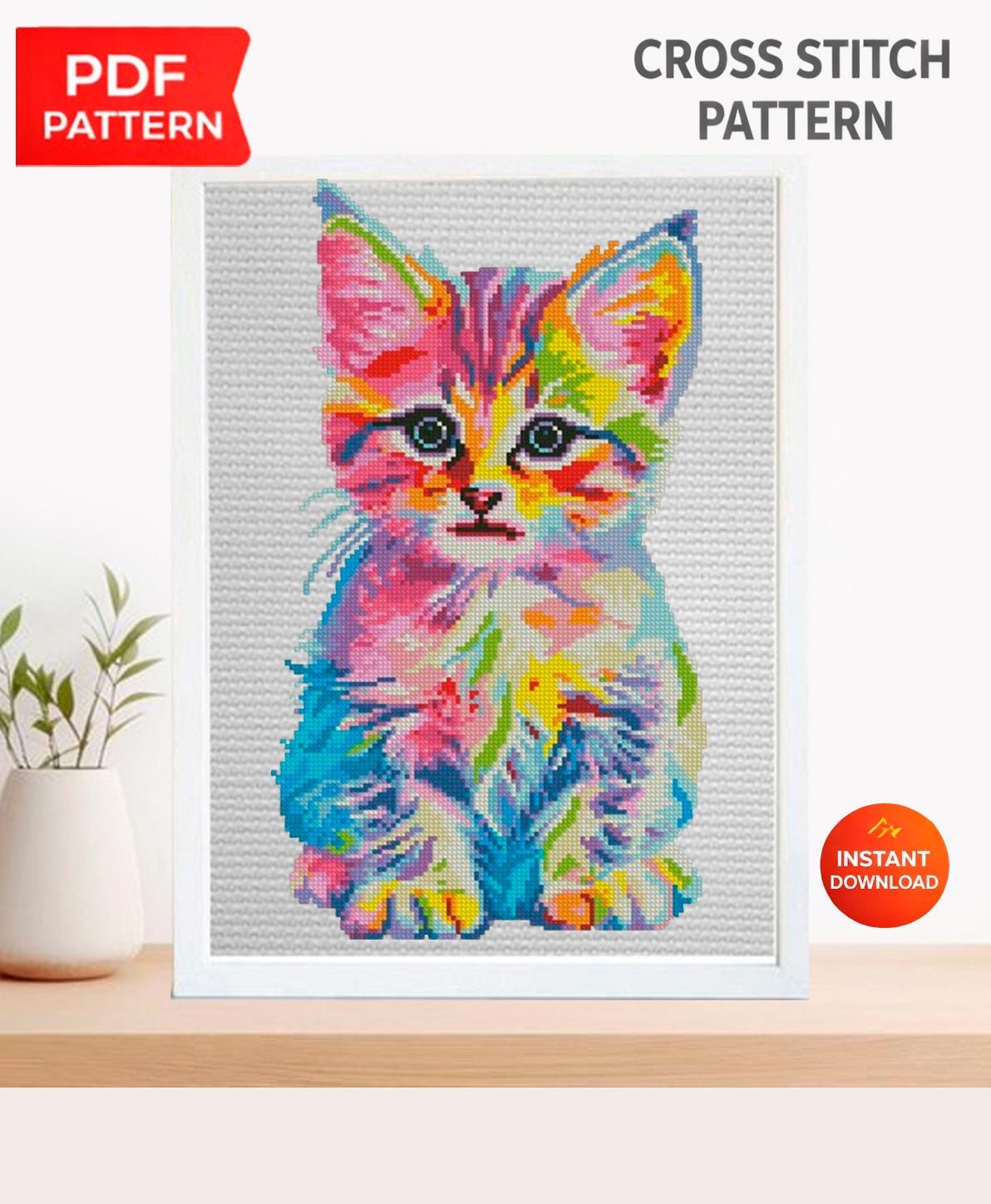Colorful Kitten Cross Stitch Pattern PDF Rainbow Cat Embroidery Cute Animal Modern Wall Decor Instant Download Gift - NuttyHappyHobby