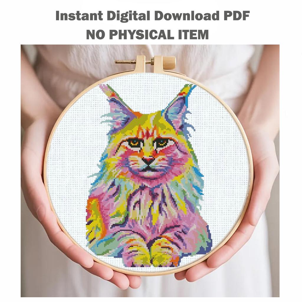 Colorful Maine Coon Cross Stitch Pattern PDF, Rainbow Cat Embroidery, Modern Animal Wall Decor Instant Download Gift, Cute Pet Needlepoint - NuttyHappyHobby