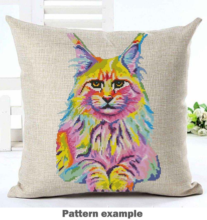 Colorful Maine Coon Cross Stitch Pattern PDF, Rainbow Cat Embroidery, Modern Animal Wall Decor Instant Download Gift, Cute Pet Needlepoint - NuttyHappyHobby