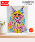 Colorful Maine Coon Cross Stitch Pattern PDF, Rainbow Cat Embroidery, Modern Animal Wall Decor Instant Download Gift, Cute Pet Needlepoint - NuttyHappyHobby