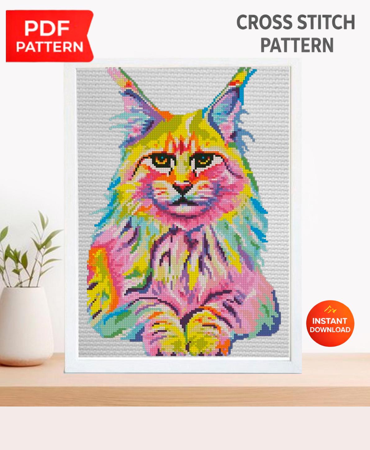 Colorful Maine Coon Cross Stitch Pattern PDF, Rainbow Cat Embroidery, Modern Animal Wall Decor Instant Download Gift, Cute Pet Needlepoint - NuttyHappyHobby