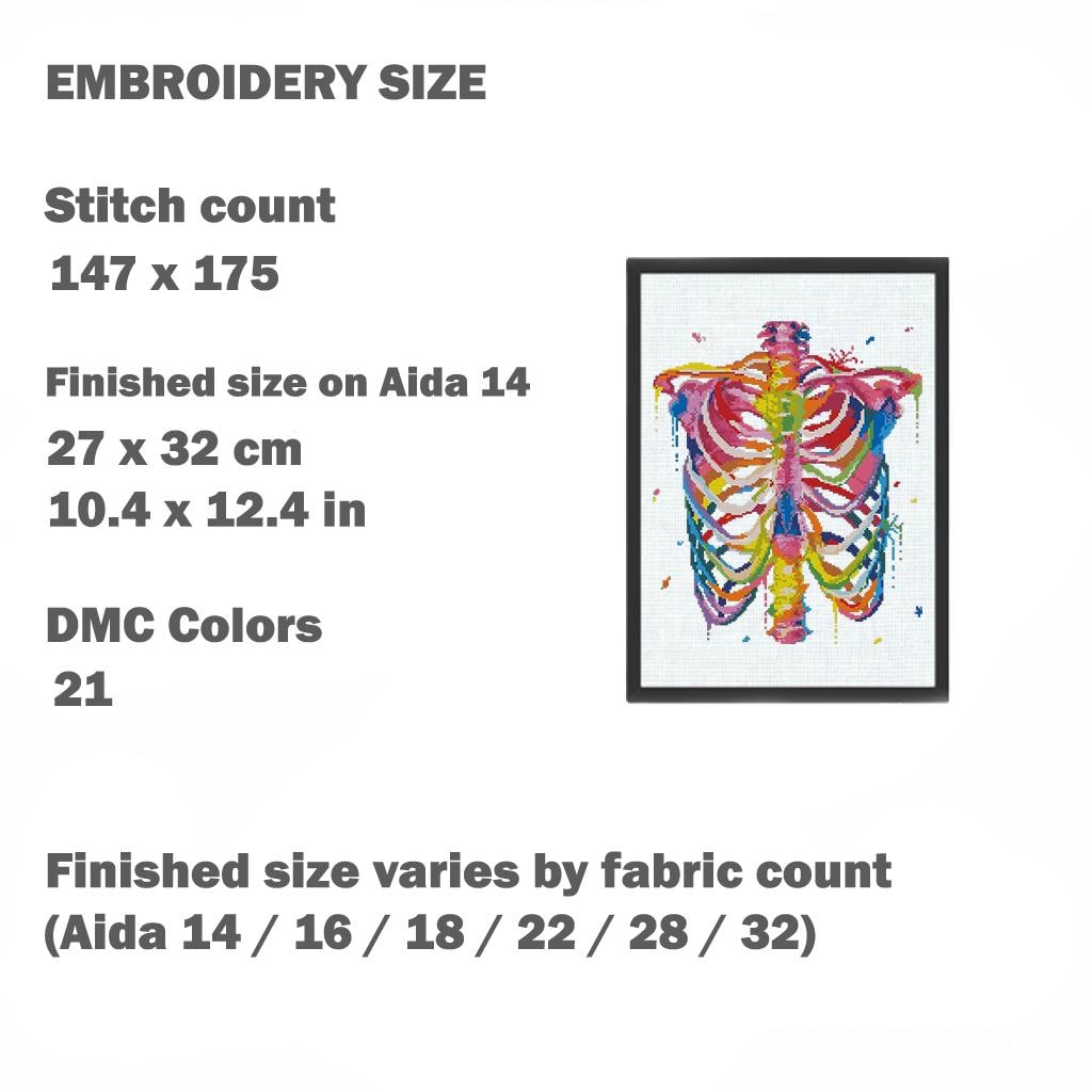 Colorful Rib Cage X Ray Cross Stitch Pattern PDF, Rainbow Skeleton Anatomy Embroidery Design, Gothic Medical Wall Art Download, Keeper - NuttyHappyHobby