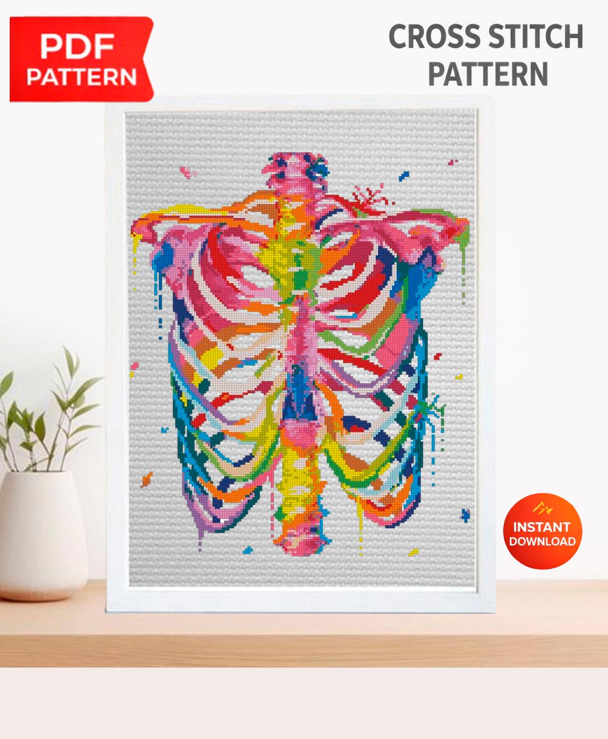 Colorful Rib Cage X Ray Cross Stitch Pattern PDF, Rainbow Skeleton Anatomy Embroidery Design, Gothic Medical Wall Art Download, Keeper - NuttyHappyHobby