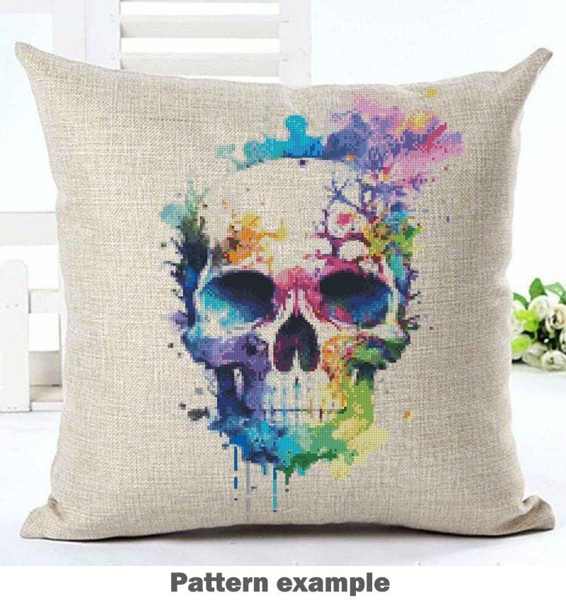 Colorful Skull Cross Stitch Pattern PDF, Gothic Anatomy Embroidery Design, Watercolor Skull Wall Art, Instant Download - NuttyHappyHobby