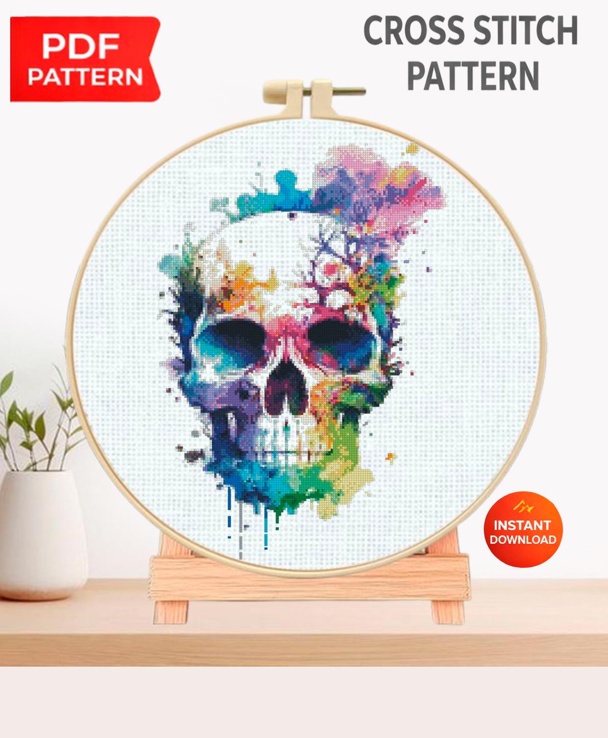 Colorful Skull Cross Stitch Pattern PDF, Gothic Anatomy Embroidery Design, Watercolor Skull Wall Art, Instant Download - NuttyHappyHobby