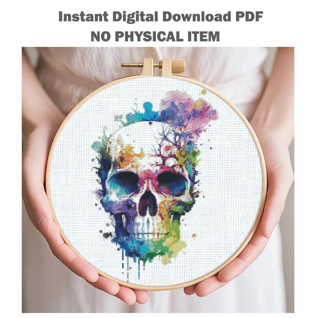 Colorful Skull Cross Stitch Pattern PDF, Gothic Anatomy Embroidery Design, Watercolor Skull Wall Art, Instant Download - NuttyHappyHobby
