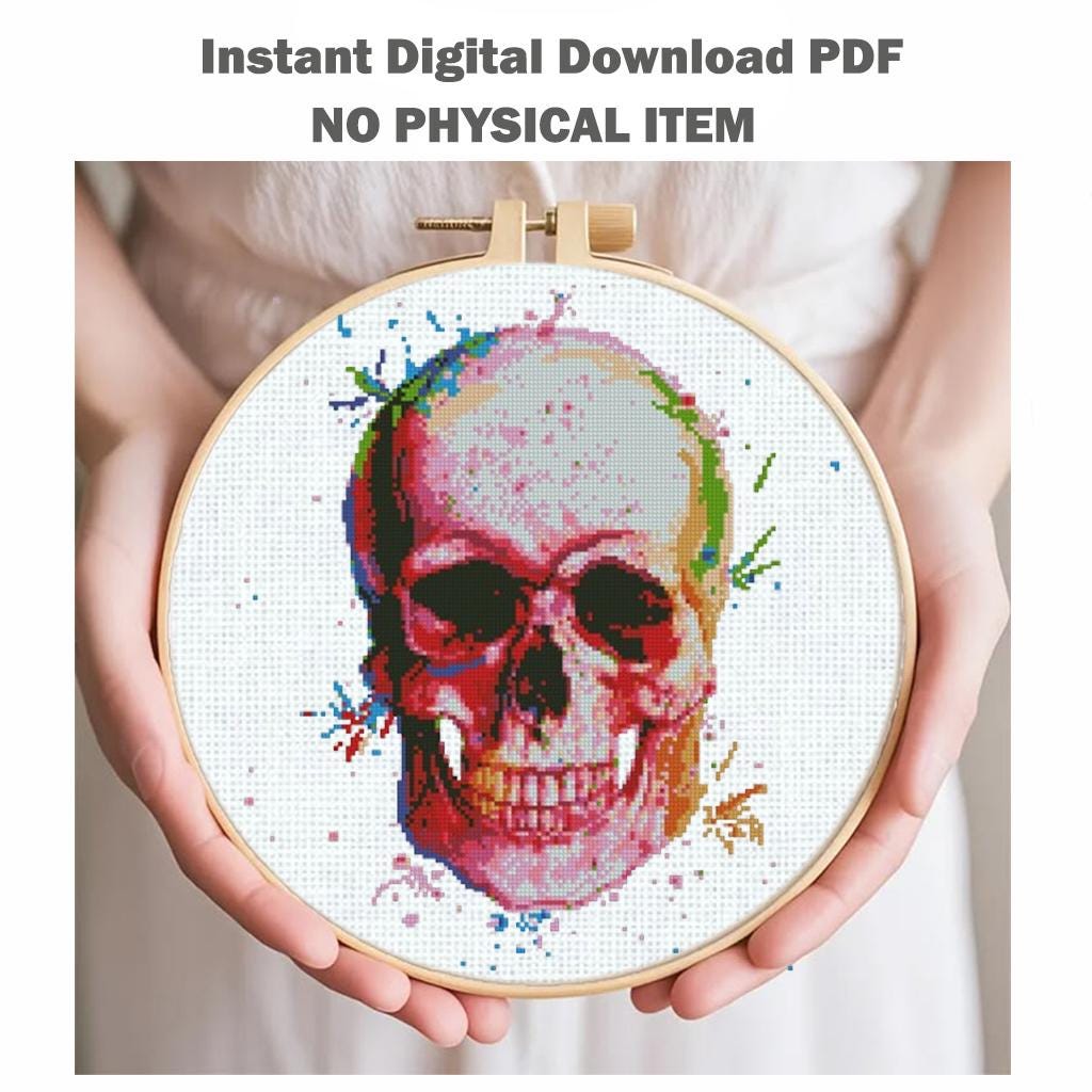 Colorful Skull Cross Stitch Pattern PDF, Rainbow Skeleton Embroidery Chart, Modern Gothic Anatomy Art, Instant Download - NuttyHappyHobby