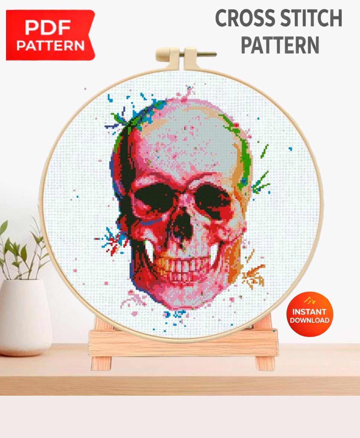 Colorful Skull Cross Stitch Pattern PDF, Rainbow Skeleton Embroidery Chart, Modern Gothic Anatomy Art, Instant Download - NuttyHappyHobby