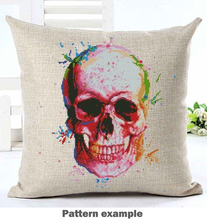 Colorful Skull Cross Stitch Pattern PDF, Rainbow Skeleton Embroidery Chart, Modern Gothic Anatomy Art, Instant Download - NuttyHappyHobby