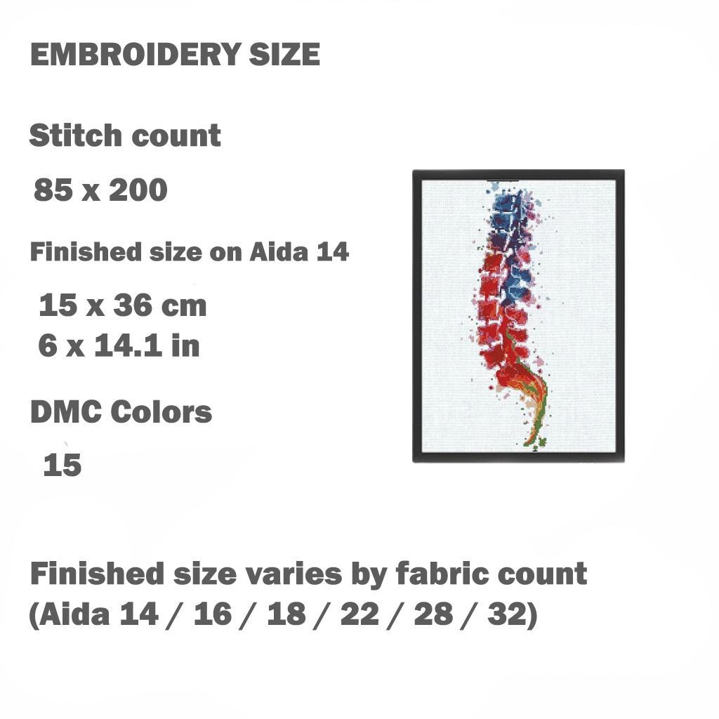Colorful Spine Cross Stitch Pattern PDF, Anatomical Vertebrae Embroidery Chart, Human Back Anatomy Art, Medical Illustration Decor, Download - NuttyHappyHobby