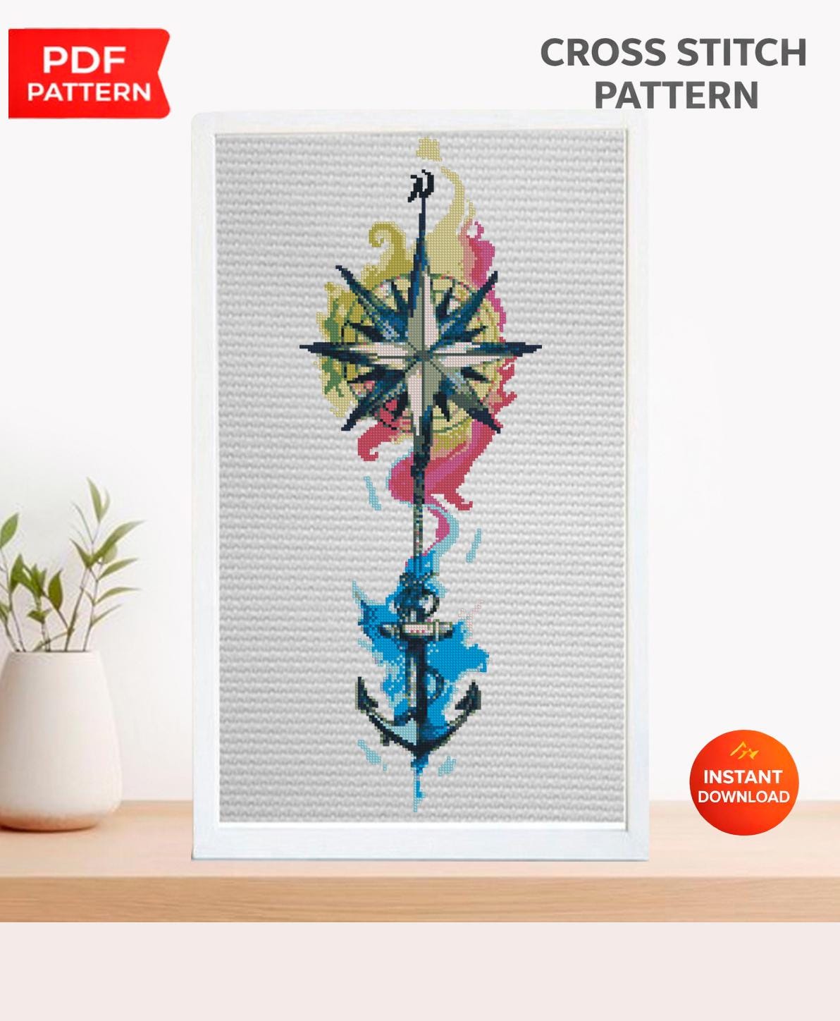 Compass Anchor Cross Stitch Pattern PDF, Nautical Watercolor Embroidery Design, Sea Compass Modern Cross Stitch Ocean Decor Digital Download - NuttyHappyHobby