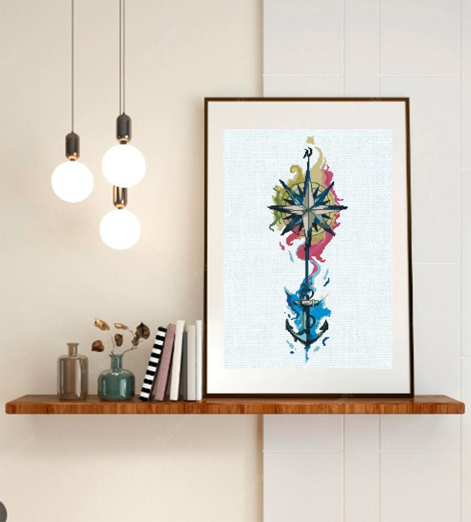 Compass Anchor Cross Stitch Pattern PDF, Nautical Watercolor Embroidery Design, Sea Compass Modern Cross Stitch Ocean Decor Digital Download - NuttyHappyHobby