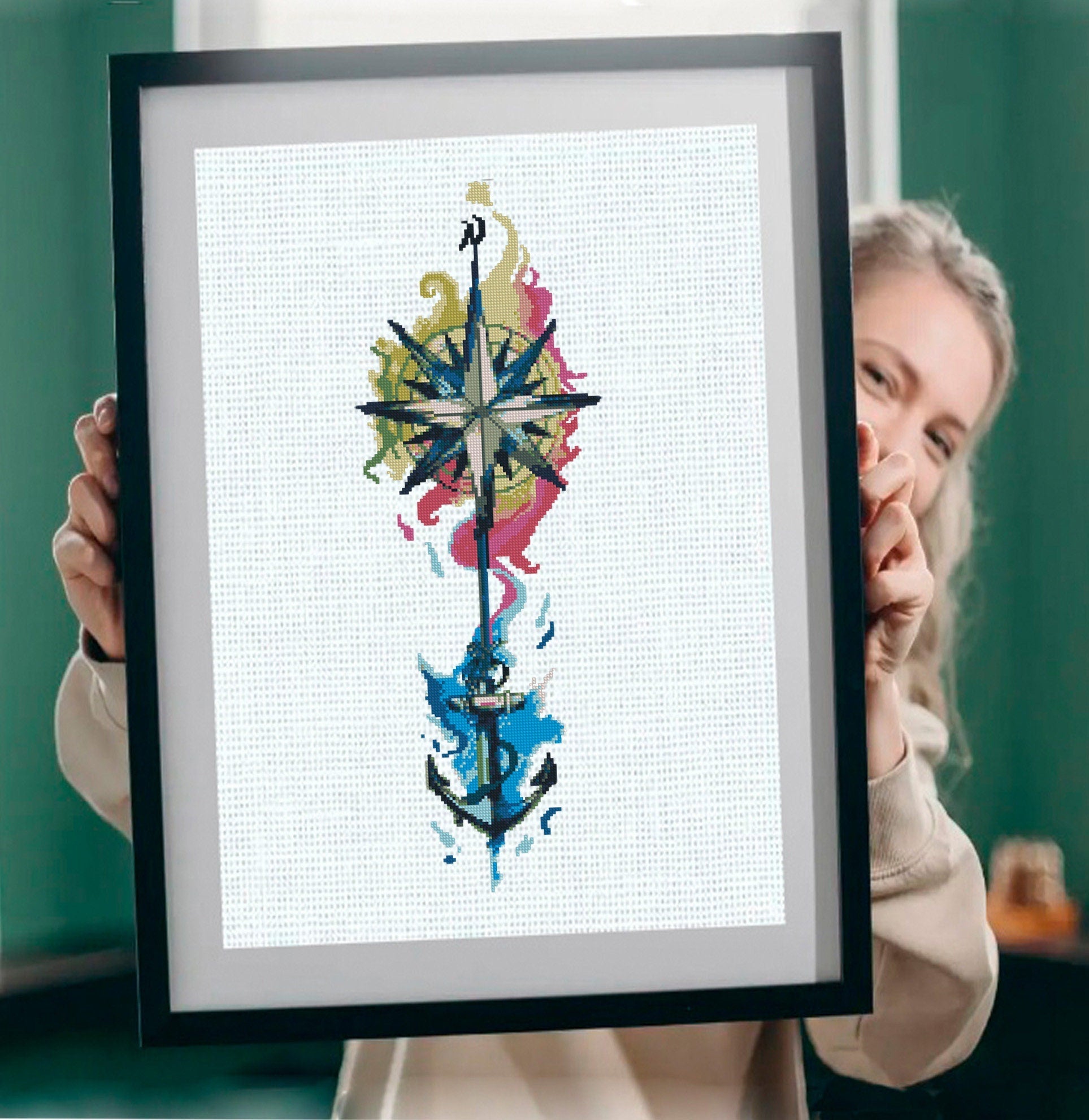 Compass Anchor Cross Stitch Pattern PDF, Nautical Watercolor Embroidery Design, Sea Compass Modern Cross Stitch Ocean Decor Digital Download - NuttyHappyHobby