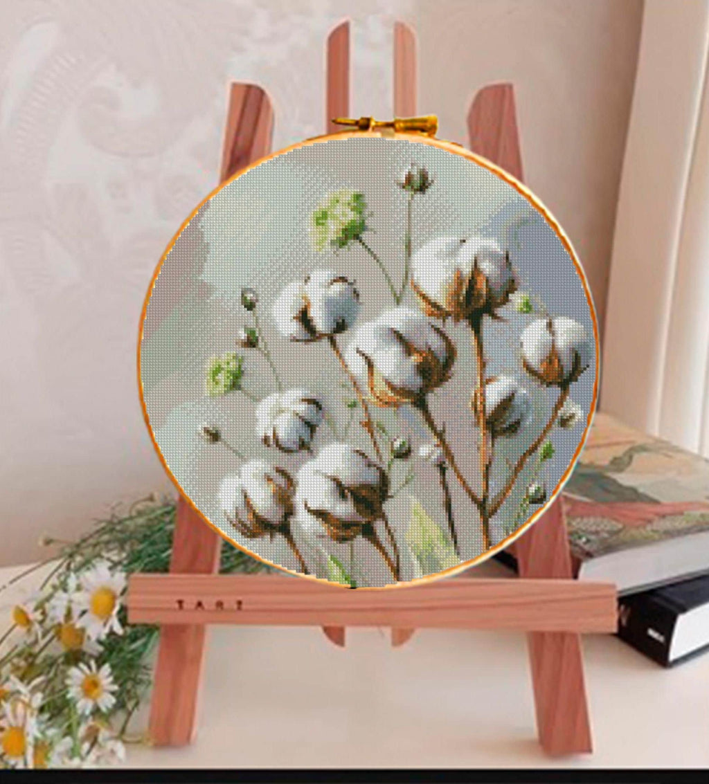 Cotton Flower Cross Stitch Pattern PDF, White Cotton Branch Botanical Embroidery Chart, Round Hoop Farmhouse Wall Art, Instant Download - NuttyHappyHobby