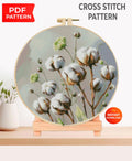 Cotton Flower Cross Stitch Pattern PDF, White Cotton Branch Botanical Embroidery Chart, Round Hoop Farmhouse Wall Art, Instant Download - NuttyHappyHobby