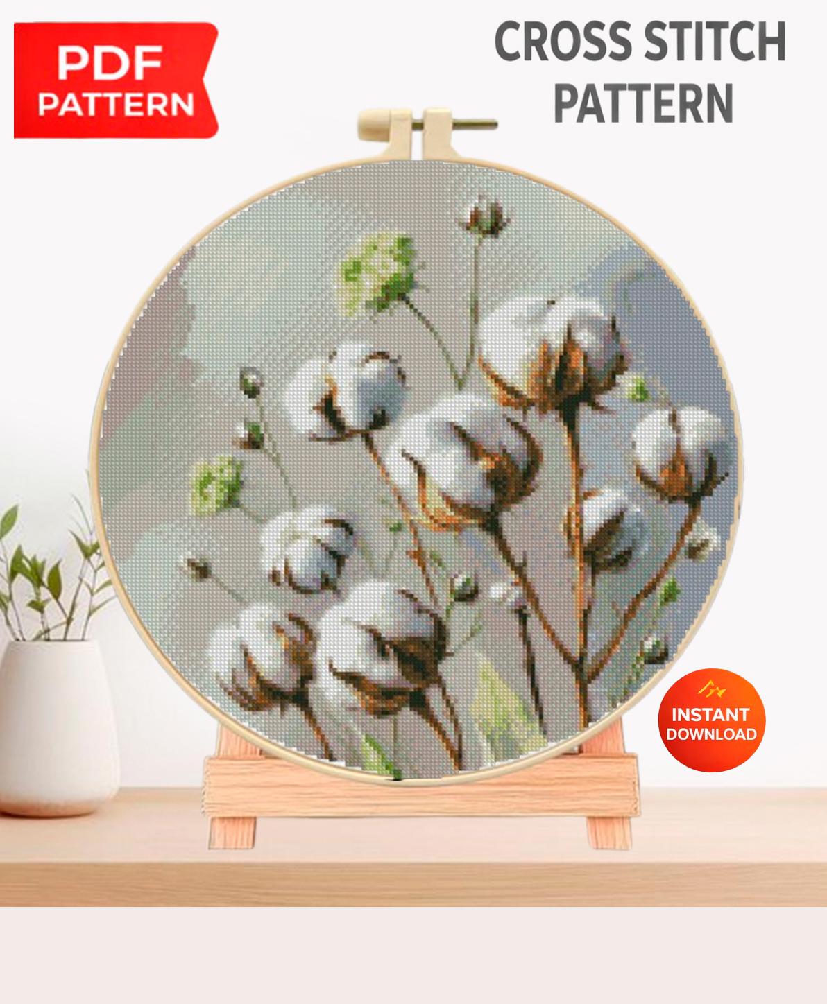 Cotton Flower Cross Stitch Pattern PDF, White Cotton Branch Botanical Embroidery Chart, Round Hoop Farmhouse Wall Art, Instant Download - NuttyHappyHobby