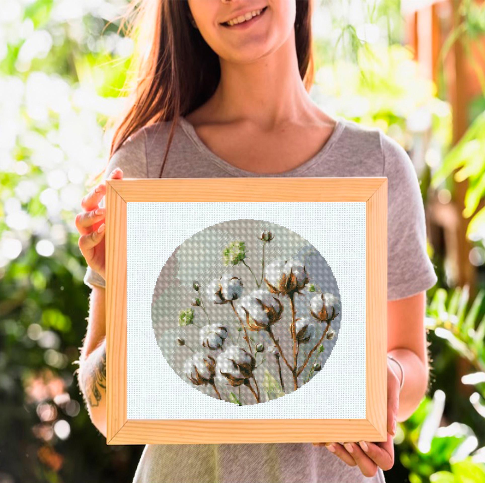 Cotton Flower Cross Stitch Pattern PDF, White Cotton Branch Botanical Embroidery Chart, Round Hoop Farmhouse Wall Art, Instant Download - NuttyHappyHobby